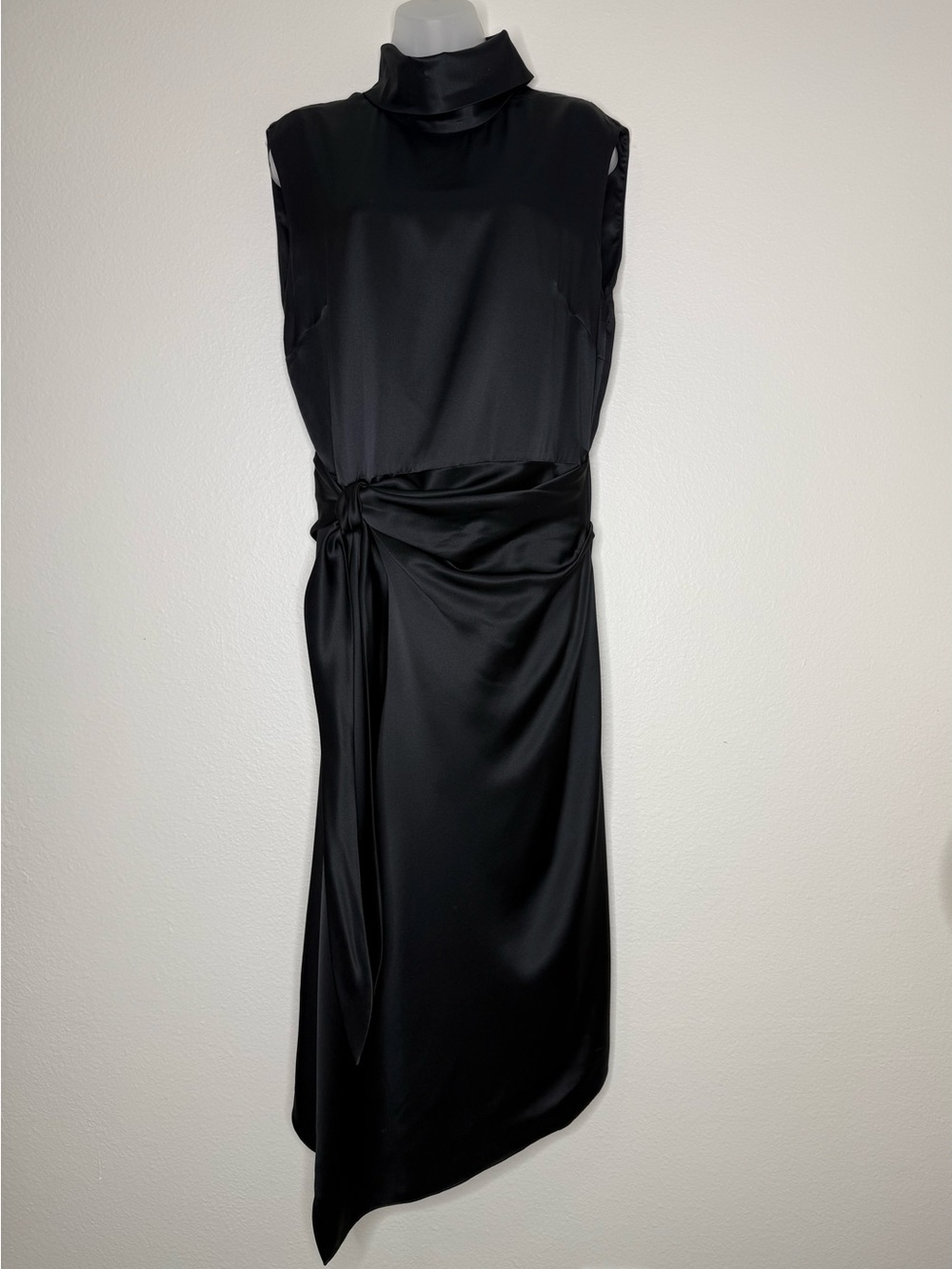 camilla & marc Black Asymmetrical Silk Tie-Waist Midi Dress High Neck Sz 8